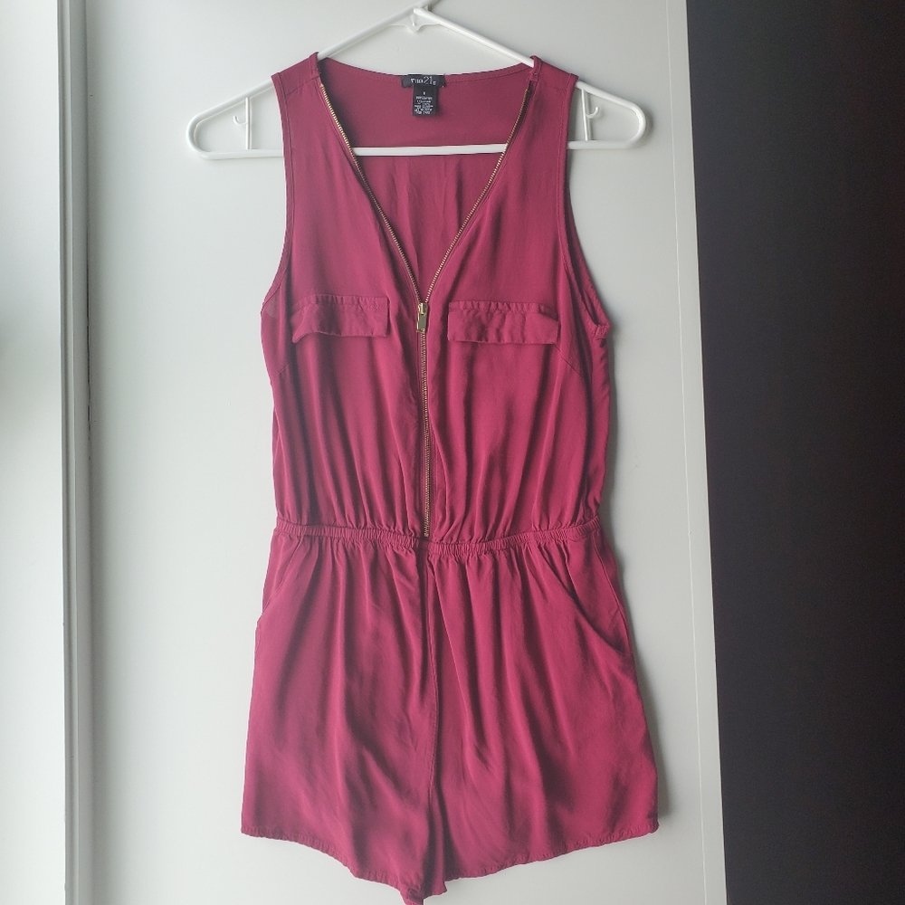 burgendy red romper with gold zipper